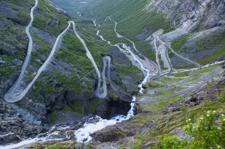 The hairpin bends of the Trollstigen road Rauma More og Romsdal Norway Trollstigen means Trolls Path or Troll Ladder